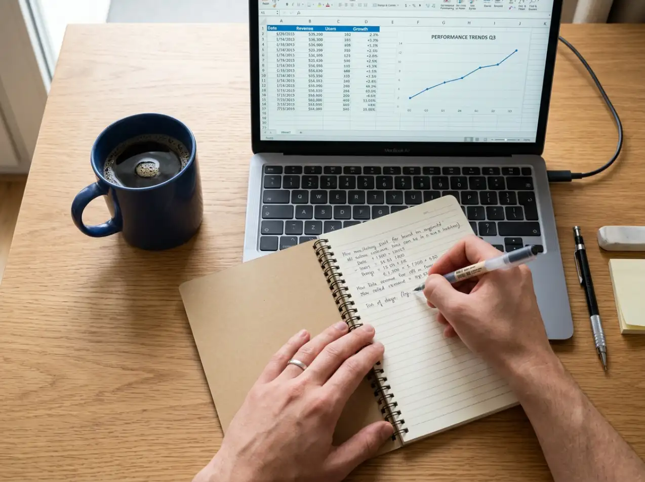 Person writing notes in a betting journal beside a laptop displaying NFL game statistics and analysis