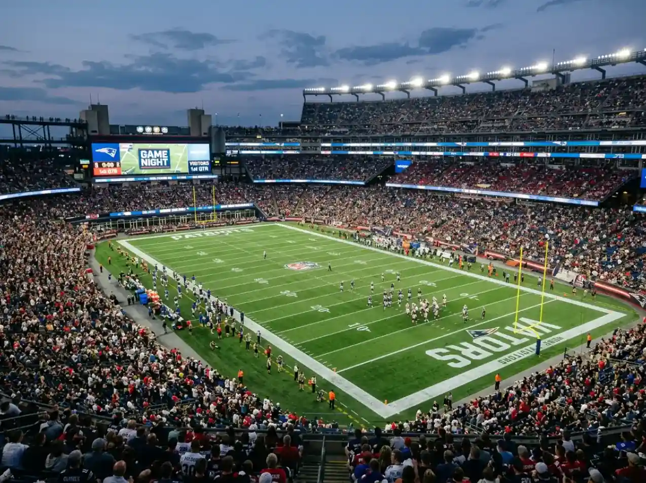 Wide view of an NFL stadium field with yard line markings and goalposts under evening floodlights